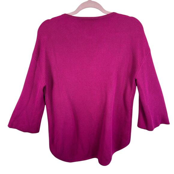 Chico's Cotton Blend Magenta Ribbed Knit 3/4 Sleeve V-Neck Pullover Sweater Sz L - Picture 2 of 5